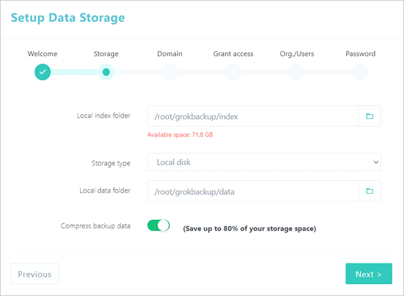 GrokBackup Storage Setup page
